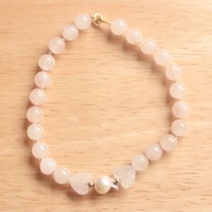 Rose Quartz Stone Heart Carved Beaded Real Pearl 14K Gold Plated Bracelet Bangle